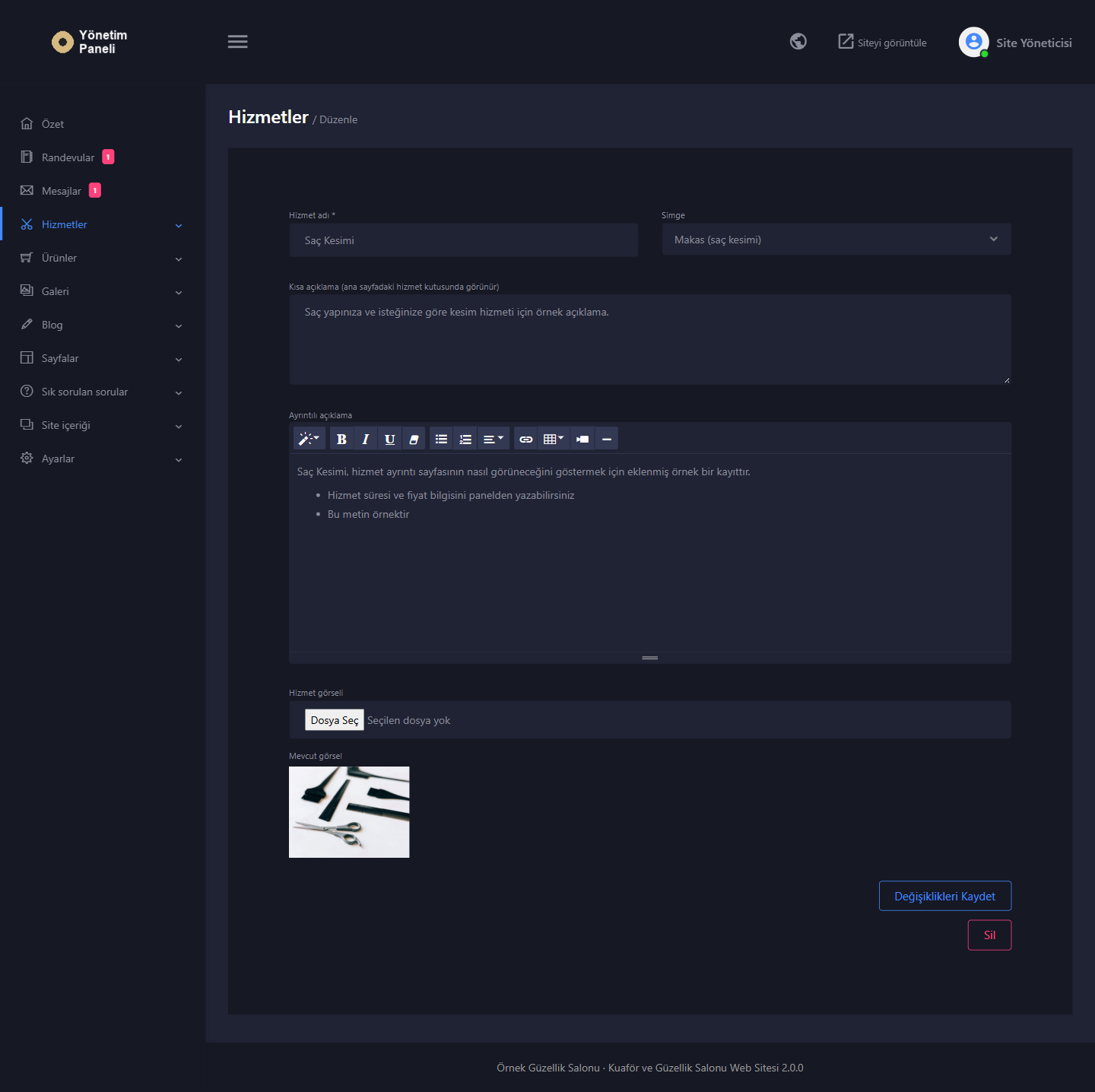 Kuaför ve Güzellik Salonu Web Sitesi Scripti