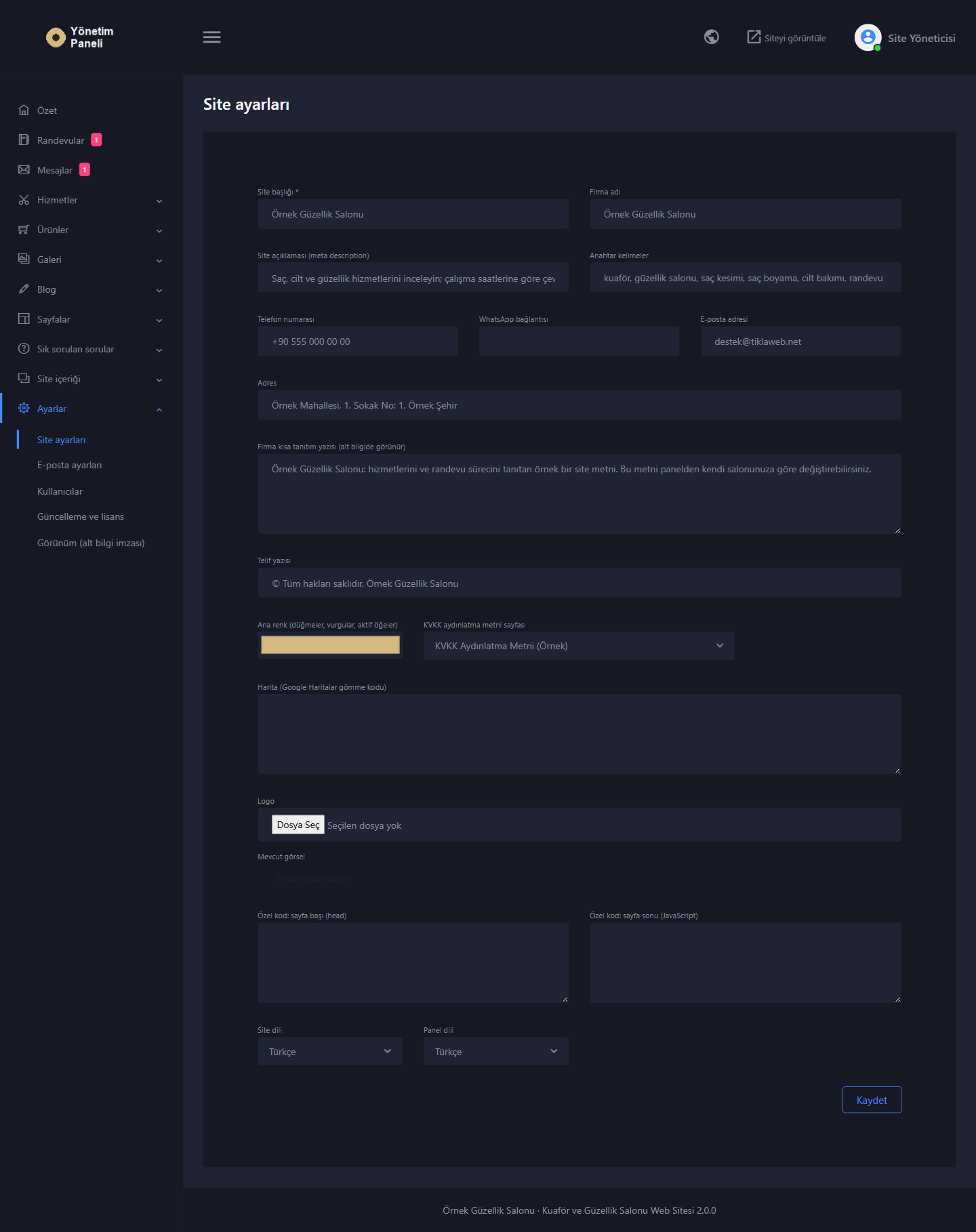 Kuaför ve Güzellik Salonu Web Sitesi Scripti